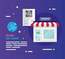 scan qr code with store facade and voucher vector