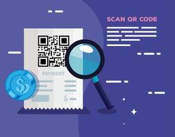 scan qr code in voucher paper with magnifying glass vector