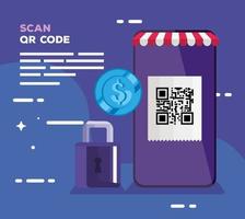 teléfono inteligente con código de escaneo qr y candado vector