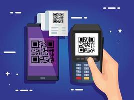 mano usando datáfono con código de escaneo qr y teléfono inteligente vector