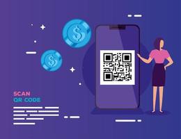 código qr de escaneo de teléfono inteligente con mujer de negocios y monedas vector