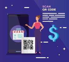 smartphone scan qr code with business woman and icons vector