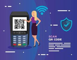 dataphone scan qr code with business woman and icons vector