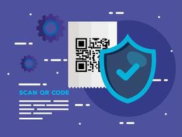 scan qr code in voucher paper with shield and gears vector