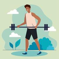 Hombre con barra de peso al aire libre, ejercicio deportivo recreación vector