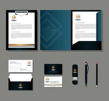 maqueta de marca de identidad corporativa, conjunto de papelería comercial sobre fondo gris, maqueta negra con letrero dorado vector
