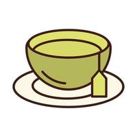 taza de té para el desayuno con bolsita de té, línea de bebidas a base de hierbas y estilo de relleno vector