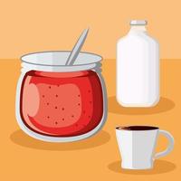 desayuno, leche, mermelada y taza de café. vector