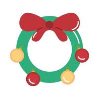 merry christmas wreath with bow and balls decoration cartoon flat icon vector