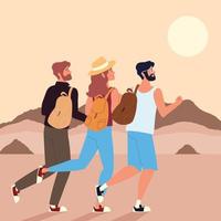 backpackers walking in the desert vector