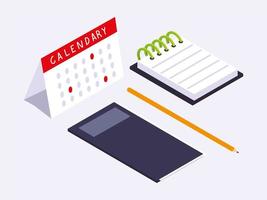 office workspace, notebook, calendar, notepad and pencil vector