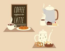 coffee shop, kettle, cups, cake and croissant menu vector