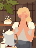 restaurant happy employee with menu, kettle and cake vector