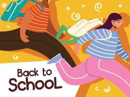 back to school, students boy and girl running with school bag, education vector