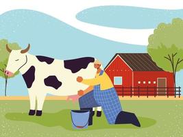 farm and agriculture, farmer milks the cow vector