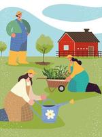 farm group, farmers planting trees with watering can vector