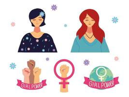 día de la mujer, retrato del género de dibujos animados femenino del personaje y manos levantadas, poder femenino vector