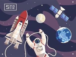 space astronaut, spaceship, moon, planet, satellite exploration vector