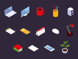 office workspace, computer, laptop, calendar, smartphone, coffee cup and books icons vector