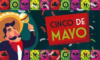 cinco de mayo greeting card with mexican mariachi vector