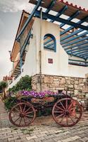 Old carriage with pots of flowers, wooden cart with flowers at sunset. photo