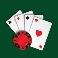 Set of simple playing cards with casino chips on green background, vector illustration