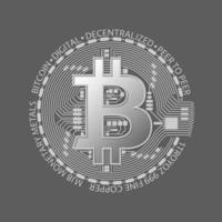 Silver bitcoin coin, vector crypto currency silver symbol isolated on grey background, blockchain technology