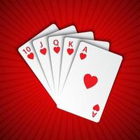 A royal flush of hearts on red background, winning hands of poker cards, casino playing cards vector