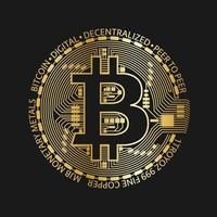 Golden bitcoin coin, vector crypto currency golden symbol isolated on black background, blockchain technology