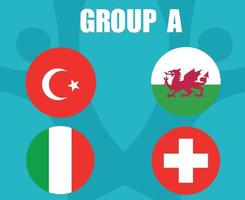 European football 2020 teams.Group A Countries Flags Turkey Wales Italy Switzerland.European soccer final vector