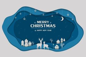 Merry Christmas and happy new year greeting card with paper art background on winter night vector