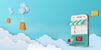 Concept of shopping online with smart phone on blue sky background vector