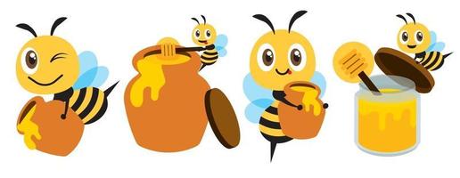 diseño plano de abeja con tarro de miel y juego de mascota de botella de miel vector