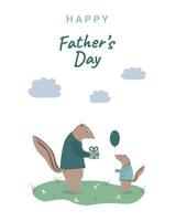 Tarjeta de felicitación feliz del día del padre con una pequeña ardilla y su papá perfecta para pancartas o carteles vector