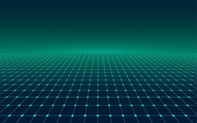 Abstract perspective green grid. Retro futuristic neon line on dark background, 80s design perspective distorted plane landscape composed of crossed neon lights and laser beams. Vector illustration