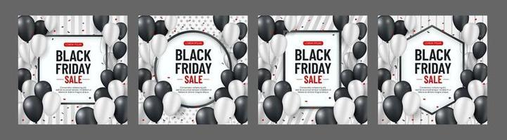 Set of black friday sale background with white and black balloons and serpentine on vertical strip background. Modern design. Universal vector background for poster, banners, flyers, card. EPS10