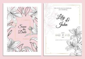 Plantilla de tarjeta de invitación de boda de lirio blanco y negro flores y hojas de lirio con marco dorado sobre fondo rosa vector