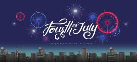 Independence day USA banner template festive fireworks display over the city.4th of July celebration poster template.fourth of july calligraphy vector illustration .