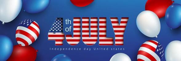 Independence day USA celebration banner with american balloons flag and text paper cut style. vector