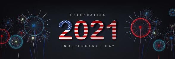 banner de celebración del día de la independencia de estados unidos con fondo de fuegos artificiales y texto 2021 bandera americana vector