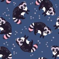 Vector flat hand drawn raccoons with plants flowers. Seamless pattern.