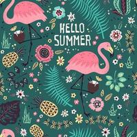 Vector cute flamingo with tropical fruits, plants and flowers. Seamless pattern.