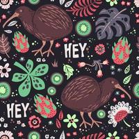 Vector flat hand drawn illustrations. Pattern. Kiwi bird with plants and flowers.