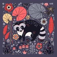 Vector flat hand drawn raccoon surrounded by plants and flowers