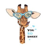 Vector sketching illustrations. Portrait of funny giraffe in custom glasses.