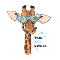 Vector sketching illustrations. Portrait of funny giraffe in custom glasses.