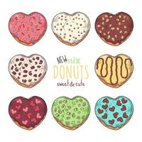 Big vector set of glazed donuts decorated with toppings, chocolate, nuts.