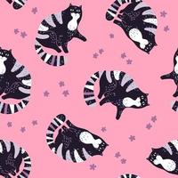 Vector flat hand drawn cats with flowers. Seamless pattern.