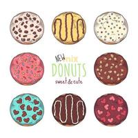 Big vector set of glazed donuts decorated with toppings, chocolate, nuts.