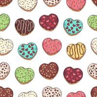 Vector pattern. Glazed donuts decorated with toppings, chocolate, nuts.